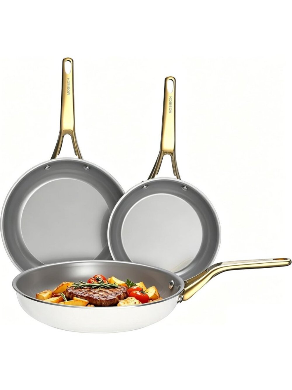 3-Piece Nonstick White Ceramic Frying Pan Set - Induction Cookware Essential